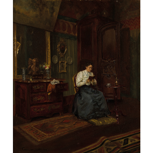 GEO BELOUET Attivo tra il XIX-XX secolo<br>Signora che legge in un interno<br>Firmato Geo Belouet Pa