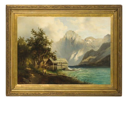 PITTORE DEL XIX SECOLO <br>Paesaggio nordico con figure <br>Olio su tela, cm 78X105