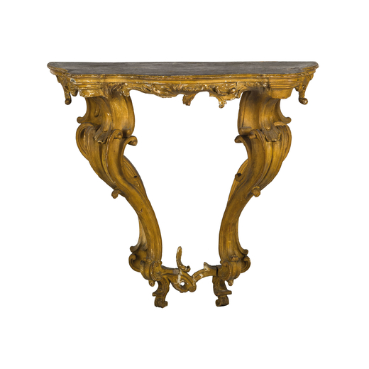 CONSOLE DAPPLIQUE IN LEGNO INTAGLIATO E LACCATO, XVIII SECOLO piano in legno marmorizzato, gambe a d