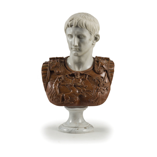 SCULTURA IN MARMI DIVERSI, XX SECOLO raffigurante busto di Ottaviano Augusto su base a plinto circol