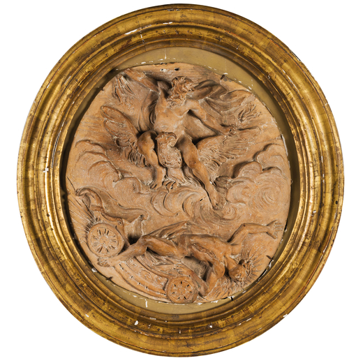 RILIEVO IN TERRACOTTA, XVIII-XIX SECOLO ovale e raffigurante Ganimede, entro cornice in legno dorato