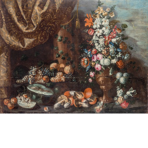 MARGHERITA CAFFI (Cremona, 1647 ; Milano, 1710)<br>Natura morta con vaso fiorito, funghi, uva e limo