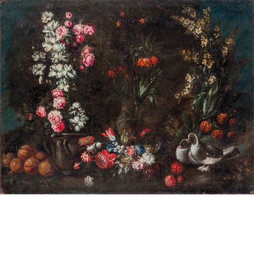 MARGHERITA CAFFI (Cremona, 1647 ; Milano, 1710)<br>Natura morta con vaso fiorito, mele e colombi<br>