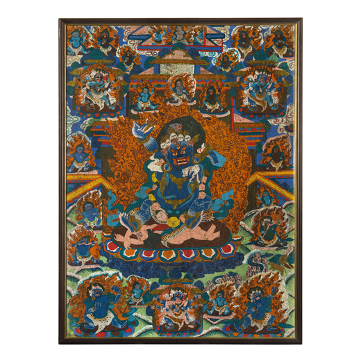 THANGKA RAFFIGURANTE DIVINITÀ MAHAKALA, SINO TIBET, XIX-XX SECOLO, 116,5 cm high, 81,5 cm wide (wit