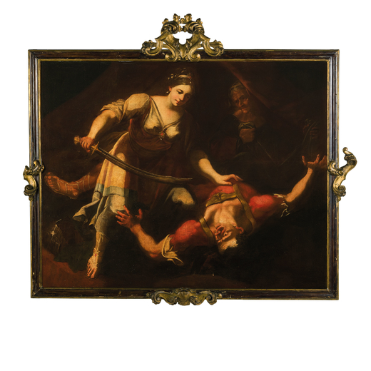 PITTORE DEL XVII-XVIII SECOLO Giuditta e Oloferne<br>Olio su tela, cm 135X168