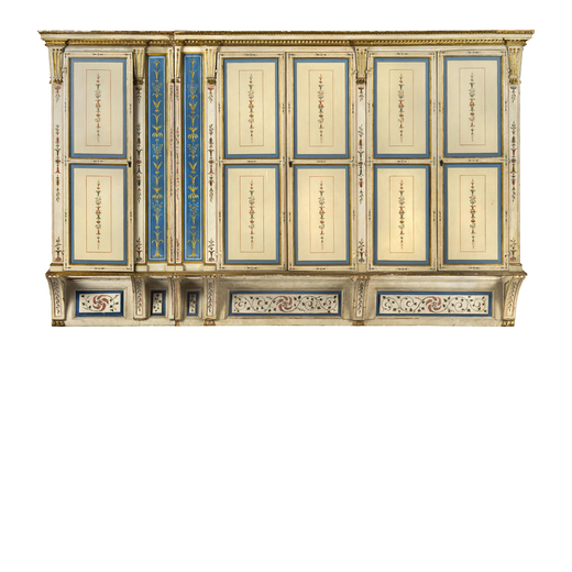 LIBRERIA DAPPLIQUE IN LEGNO DIPINTO, XVIII-XIX SECOLO di gusto neoclassico, in forma architettonica 