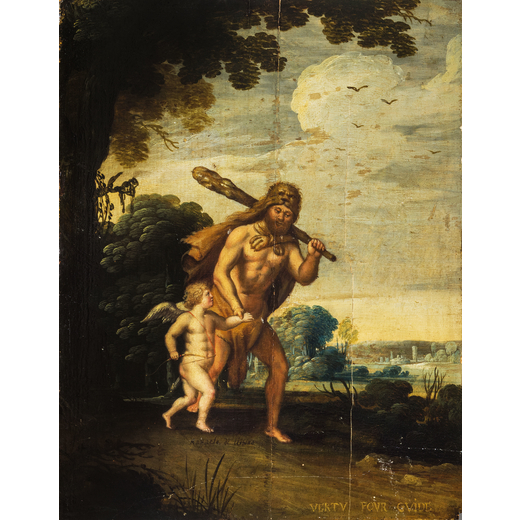 PITTORE DEL XVII SECOLO Paesaggio con Ercole<br>Olio su tavola, cm 40X31