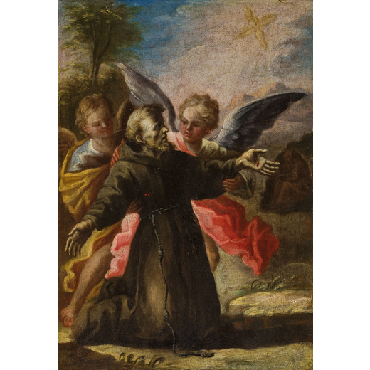 PITTORE DEL XVIII SECOLO San Francesco confortato dagli angeli<br>Olio su tela, cm 27X19,5