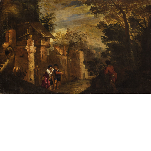 PITTORE ATTIVO NEL XVII-XVIII SECOLO Paesaggio con casolari e figure<br>Olio su tela, cm 49X79