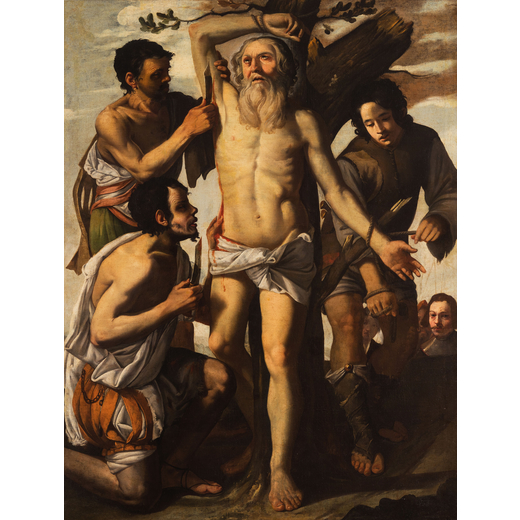 PITTORE DEL XVII SECOLO Martirio di San Bartolomeo<br>Olio su tela, cm 205X155<br>