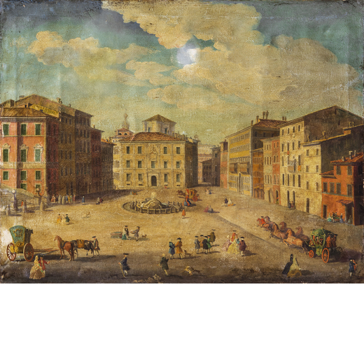 GIOVANNI GIACOMO VAN LINT (maniera di) (Roma, 1723 - 1790)<br>Veduta di Piazza di Spagna<br>Olio su 