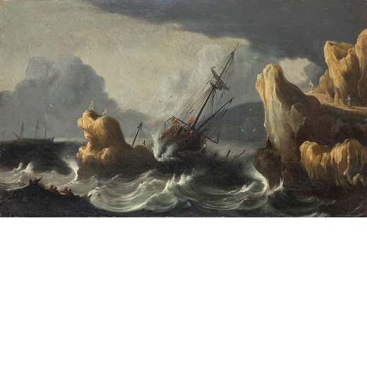 PITTORE DEL XVII-XVIII SECOLO Marina in tempesta<br>Olio su tela, cm 44X74<br>