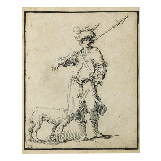 FREDERIC BLOEMAERT (Utrecht, 1610 - 1669)<br>Incisione raffigurante un soldato con picca, su disegno