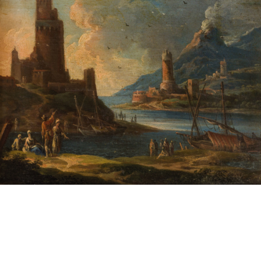 PITTORE DEL XVIII SECOLO Paesaggio con torri e figure<br>Olio su tavoletta, cm 18,5X25
