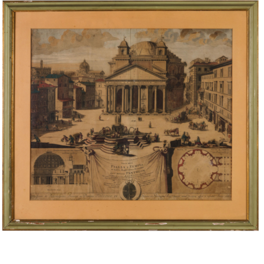 INCISIONE, XVIII SECOLO raffigurante il Pantheon, entro cornice verde e oro; usure, alcune macchie e