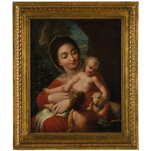 GAETANO CALLANI (Parma, 1736 - 1809)<br>Madonna col Bambino e San Giovannino<br>Olio su tela, cm 46X