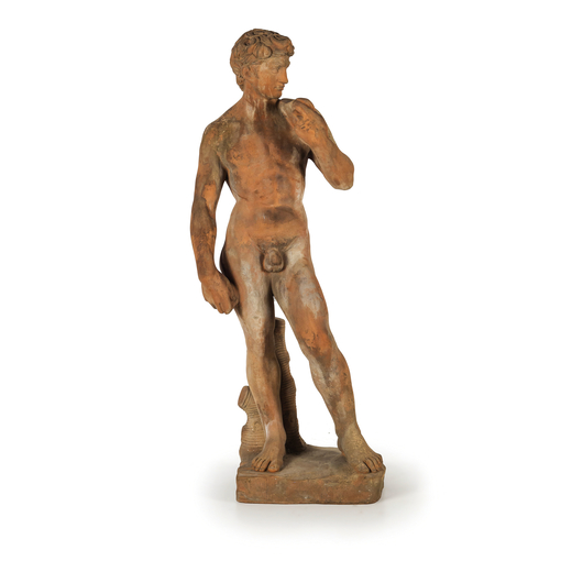 SCULTURA IN TERRACOTTA, XX SECOLO raffigurante il David; usure, rotture e sbeccature mancanze, difet
