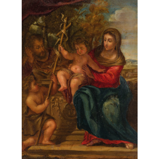 PITTORE DEL XVII SECOLO  Sacra Famiglia e San Giovannino <br>Olio su rame, cm 23X17