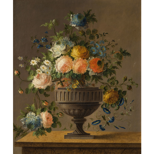 PITTORE DEL XVIII-XIX SECOLO Vaso fiorito<br>Olio su tela, cm 60X50