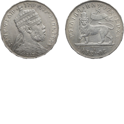 ZECCHE ESTERE. ETIOPIA. MENELIK II. 1 BIRR 1896  Parigi. Argento, 28,21 gr, 40 mm. BB+<br>D: Effigie