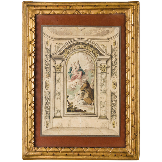 PITTORE VENETO DEL XVIII SECOLO Apparizione della Vergine<br>Tecnica mista su carta, cm 24X20