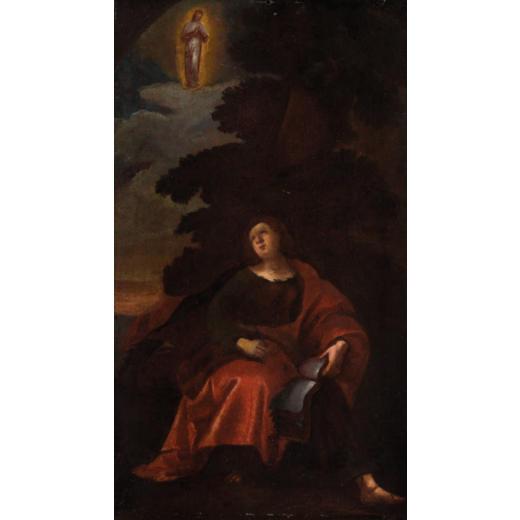 PITTORE FERRARESE DEL XVII SECOLO San Giovanni a Patmos<br>Olio su tavola, cm 40X23