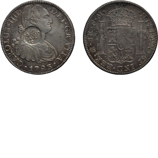 ZECCHE ESTERE. MESSICO. 8 REALI 1793  Mexico City. Argento, 26,97 gr, 38,5 mm. BB<br>D: CAROLUS .III