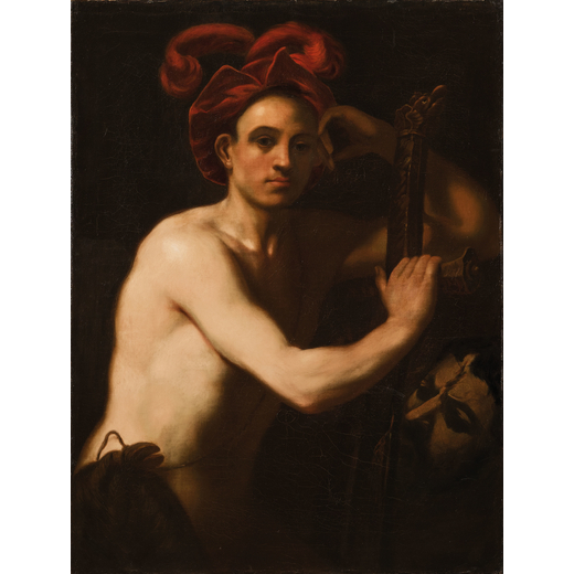ORAZIO RIMINALDI (Pisa, 1593 - 1630)<br>Davide assorto dopo aver ucciso il gigante Golia<br>Olio su 
