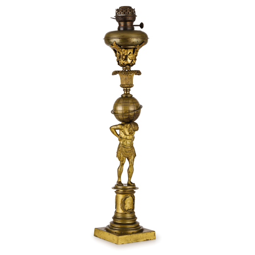 LAMPADA IN METALLO DORATO, XIX-XX SECOLO il supporto con figura di Atlante a tutto tondo con globo, 