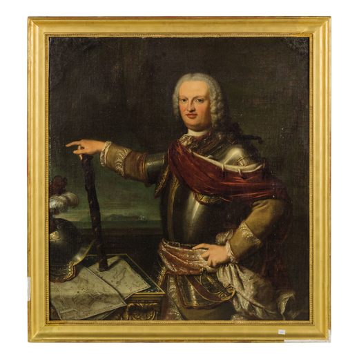 PITTORE DEL XVIII SECOLO   Ritratto di maresciallo di Francia con mappa del porto di Genova<br>Olio 