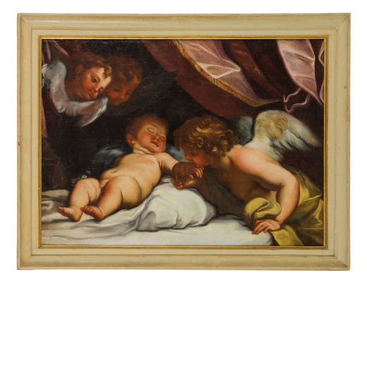 CARLO MARATTI (maniera di)   (Camerano, 1625 - Roma, 1713)<br>Gesù Bambino addormentato e angeli<br