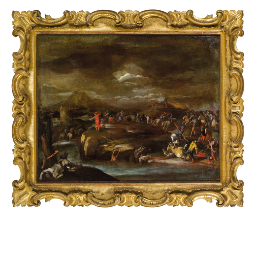 SCIPIONE COMPAGNO   (Napoli, 1624 - dopo il 1680) <br>Battaglia<br>Olio su tela, cm 63X78