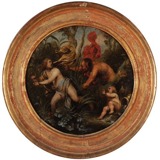 ANTON MARIA VASSALLO   (Genova, 1617/18 - Milano, 1660)<br>Pan e Siringa<br>Olio su rame, diam. cm 2