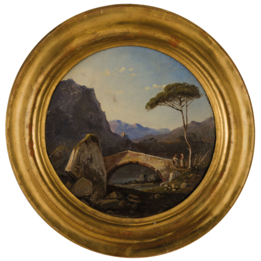 PITTORE DEL XIX SECOLO   Paesaggio con ponte e figure<br>Olio su tavola, diam. cm 24,5