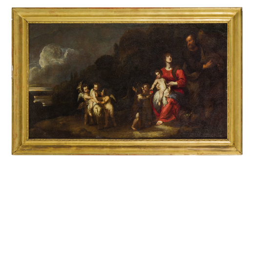 VINCENT MALO (attr. a)   (Cambrai, 1600 - Roma, 1650)<br>Riposo nella fuga in Egitto<br>Olio su tela