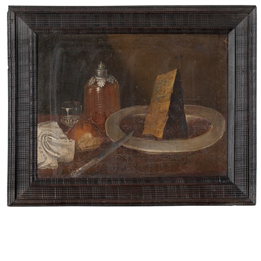 PITTORE DEL XVII-XVIII SECOLO Natura morta con formaggio, bottiglia, coltello e pane<br>Olio su tela