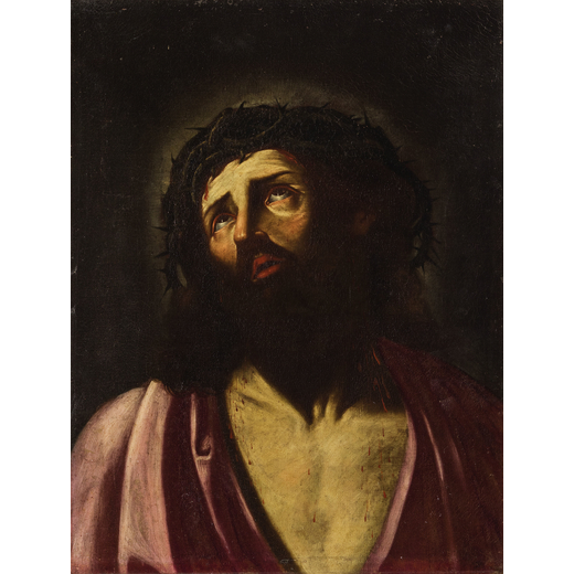 PITTORE EMILIANO DEL XVII SECOLO Ecce Homo<br>Olio su tela, cm 65X49