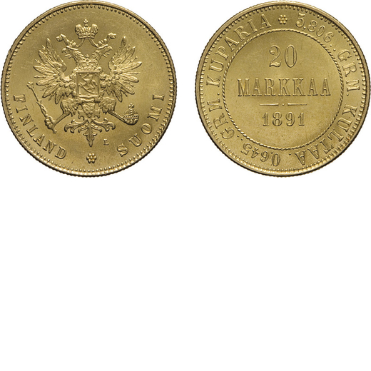 ZECCHE ESTERE. RUSSIA. ALESSANDRO III (1881-1894). 20 MARKKAA Monetazione per la Finlandia. Oro, 6,4