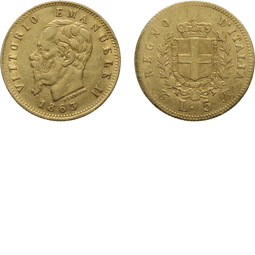 REGNO DITALIA. VITTORIO EMANUELE II (1861-1878).  5 LIRE 1863<br>Oro, 1,61 gr, 17 mm. MB+<br>D: VITT