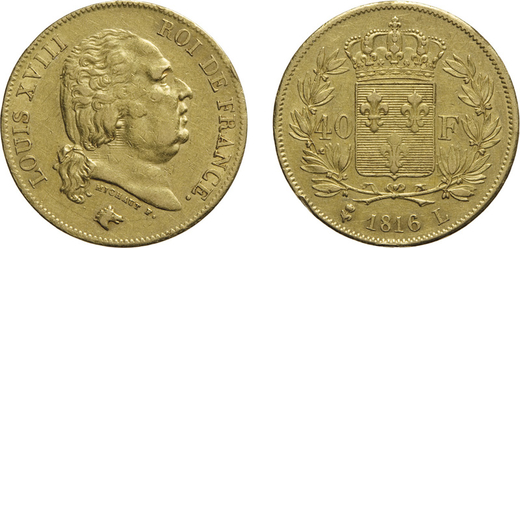 ZECCHE ESTERE. FRANCIA. LUIGI XVIII (1815-1824). 40 FRANCHI 1816 BAYONNE<br>Oro, 12,88 gr, 26 mm. BB