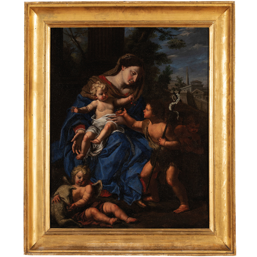 PITTORE DEL XVII - XVIII SECOLO   Madonna con il Bambino, San Giovannino e angelo<br>Olio su tela, c