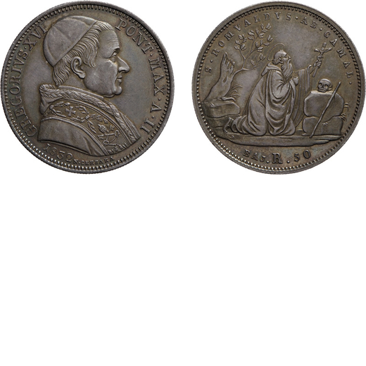 ZECCHE ITALIANE. ROMA.  GREGORIO XVI. 50 BAIOCCHI 1834<br>Argento, 13,20 gr, 31 mm. BB+<br>D: GREGOR