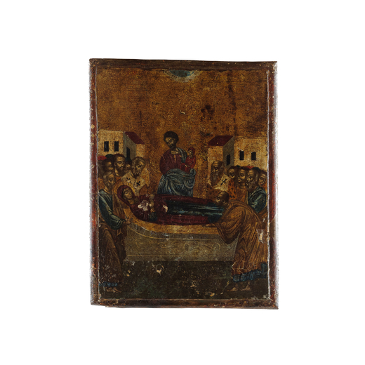 ICONA RAFFIGURANTE LA DORMIZIONE DELLA VERGINE, GRECIA, XVII-XVIII SECOLO tempera su tavola; restaur