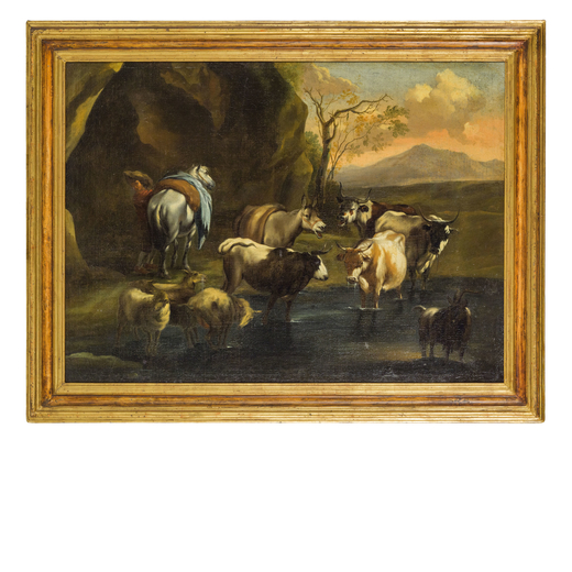 PITTORE DEL XVIII SECOLO  Pesaggio con animali<br>Olio su tela, cm 85X115