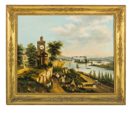 PITTORE DEL XIX SECOLO <br>Paesaggio con campanile, dipinto su cassa di orologio a parete<br>Olio su