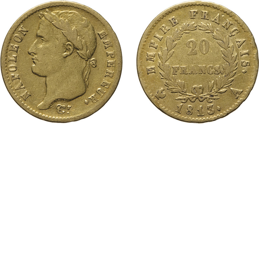 ZECCHE ESTERE. FRANCIA. NAPOLEONE I.  20 FRANCHI 1813 PARIGI<br>Oro, 6,38 gr, 21 mm. qBB<br>D: NAPOL