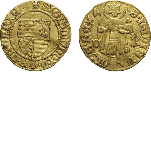 ZECCHE ESTERE. UNGHERIA.  SIGISMONDO (1387-1437). GOLDGULDEN SIGLE V-K<br>Offenbanya. Oro, 3,51 gr, 