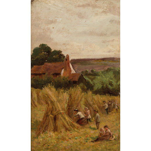 PITTORE DEL XIX SECOLO <br>La raccolta del grano nella campagna francese<br>Olio su cartone, cm 23X1
