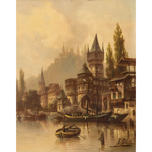 KARL KAUFMANN Slesia austriaca, 1843 - Vienna, 1905<br>Paesaggio olandese con imbarcazione <br>Firma