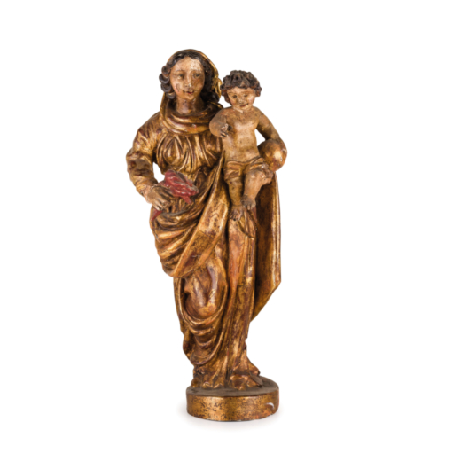 SCULTURA IN LEGNO DORATO E LACCATO, XVIII SECOLO raffigurante Madonna con Bambino; usure, rotture, c